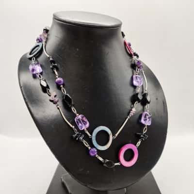Amethyst Chip, Circular Shell & Amethyst Spheres Necklace 110cm Long