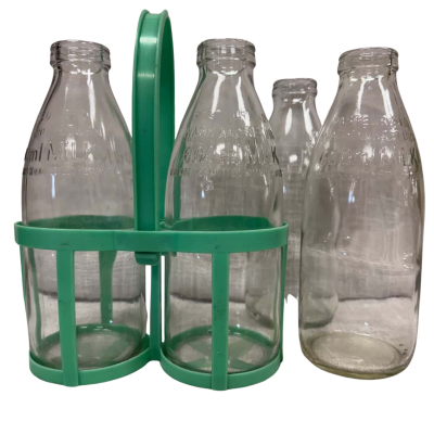 Vintage Milk Bottle Holder with Four 600ml Glass Milk Bottles