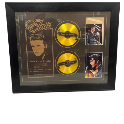 Framed Elvis Presley Memorabilia Two Reproduction Gold Records and Photos