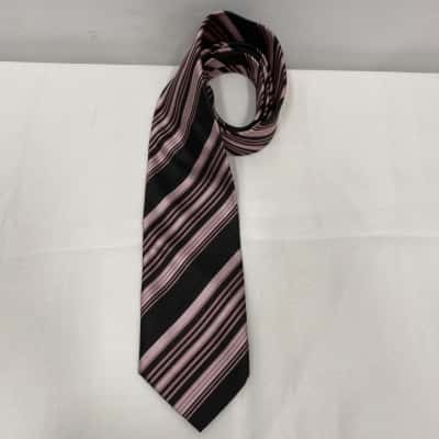 Mens 100% Silk Hand Made Tie Black  / Pastel Pink  / Striped 