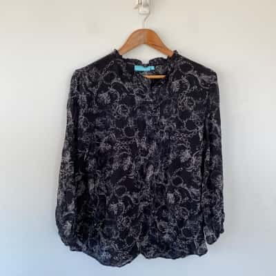 Blue Illusion Navy Blue Pattern Long Sleeve Silk Shirt  Size L 