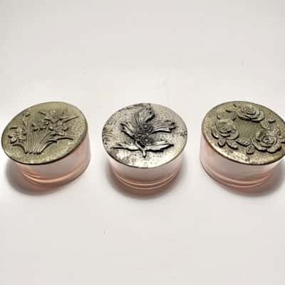 Cute Set of Vintage Pewter Topped Glass Trinket Containers 