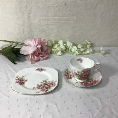 Vintage Tuscan Pink Cherry Blossoms Fine Bone China Cup Saucer and Plate