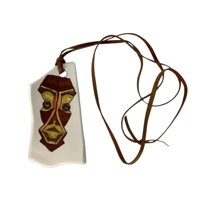  Contemporary Clay Pendant Hand Painted Tribal Face  Brown / Off White 
