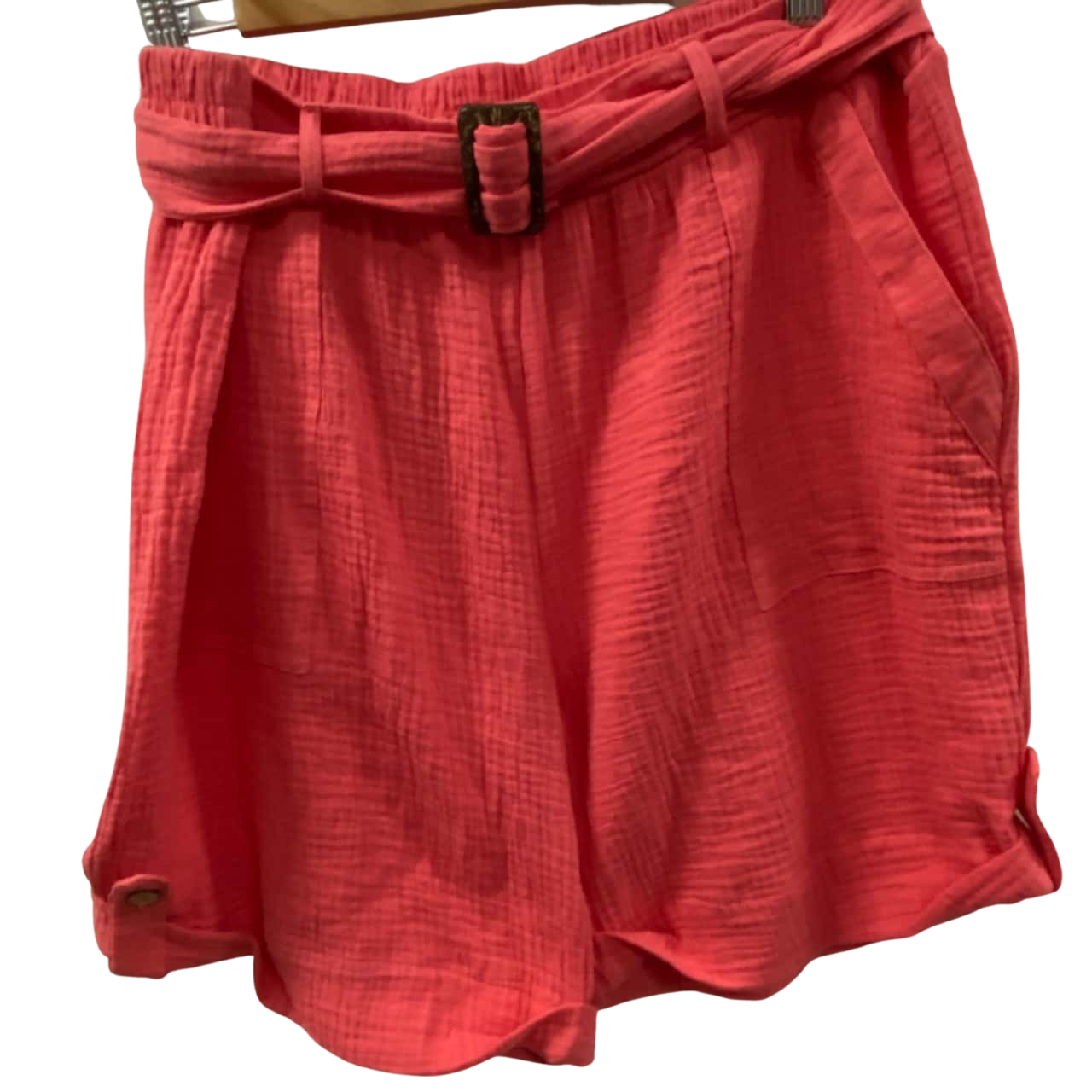 Rockmans Womens Belted Cotton Shorts, Salmon Pink, Size 16