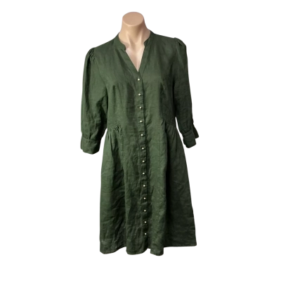 Sussan Womens Size 6 Khaki Green 100% Linen Button up Midi Dress