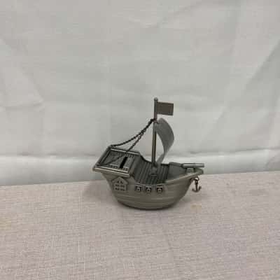 Russell Collection Money Bank - Pewter Finish Jolly Roger Pirate Ship