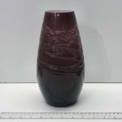 Vintage Dark Purple Aubergine Art Glass Vase Trailed Threaded Texture 20cm
