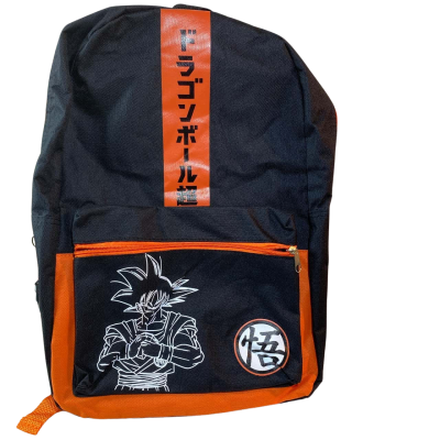 a black and orange Dragon Ball Z backpack featuring a graphic of Son Goku and the "Go" symbol