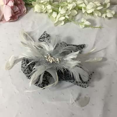  Womens Black Spotted Net  / White Feathers Fascinator 