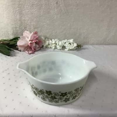 Vintage Pyrex White / Olive Green Floral Pattern 1 1/2 QT Bowl