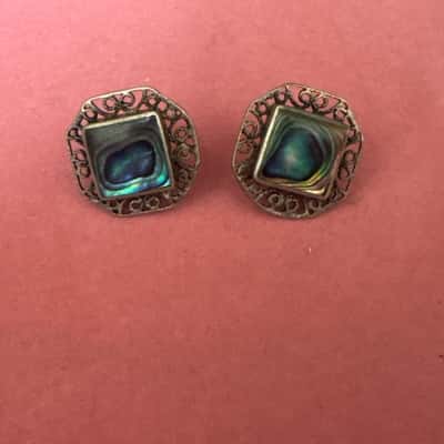 Ladies Silver Stamped Screwback Earrings - PAUA Shell