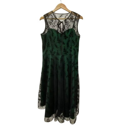  Voodoo Vixen - Vintage Inspired Midi Dress in Emerald Green & Black