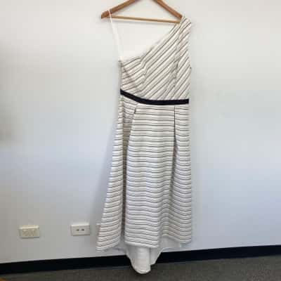 Halston Heritage White Navy Blue Striped One Shoulder Sleeveless High Low Midi Dress Size 10