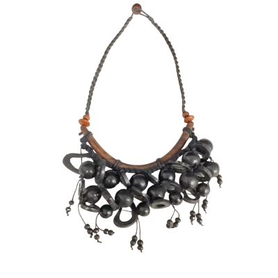Wooden Necklace with A brown Centre Beam Nd Black Glossy Beads 