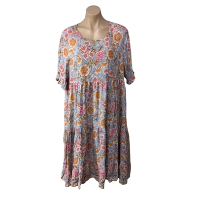 Pippie Beach Womens Size 16 Blue / Pink  / White / Yellow / Brown Floral Short Sleeve Midi Dress