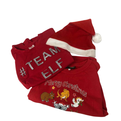Xmas Kids  Size 12 T-Shirt Red / White Set x 2 + Santa hat