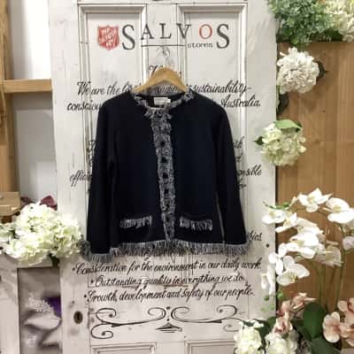BREWSTERS BRAND! Womens  Size S Button-down Cardigan Black  / White! STUNNING BUTTON DOWN CARDIGAN OFFERING VELVET LOOK BUTTONS AND FRINGE DETAILS ON HEM AND SLEEVES! GREAT FOR DAY OR NIGHT WEAR!