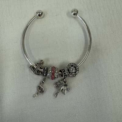  Women's Silver Tone Open Cuff Slide Charm Bracelet  featuring 5 Charms