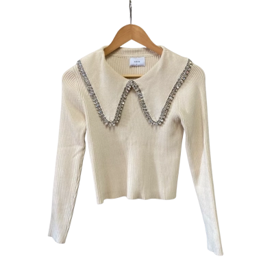 Sheike Womens  Size S Rhinestones Collar  Long Sleeve Top Cream 