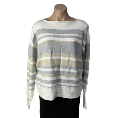 Denver Hayes Womens Size M White / Grey / Beige Striped Boat Neck Jumper (new)