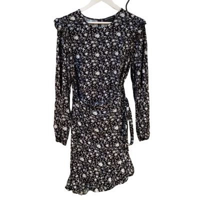 Decjuba Womens Size 14 Linen Blend Midi Dress Black  / Blue / Floral 