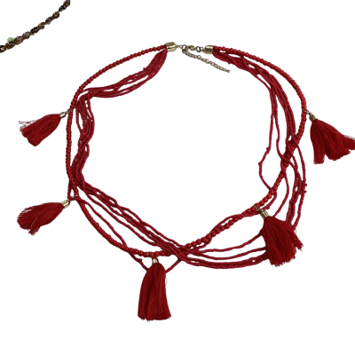 Bold Red Multi-Strand Beaded Necklace with Tassels