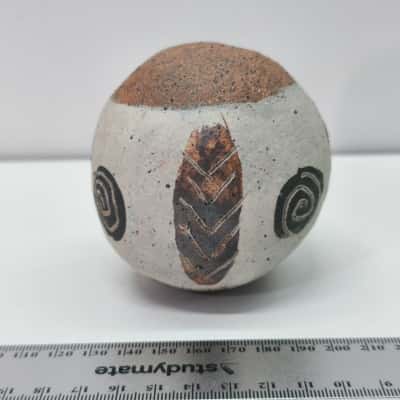  Studio Pottery Decorative Ceramic Sphere - Earthy Sgraffito Spiral & Leaf Glazed Clay Orb, Boho Home Decor Accent Ball