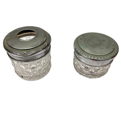 Vintage Pressed Glass Vanity Jars with Metal Lids – Pair
