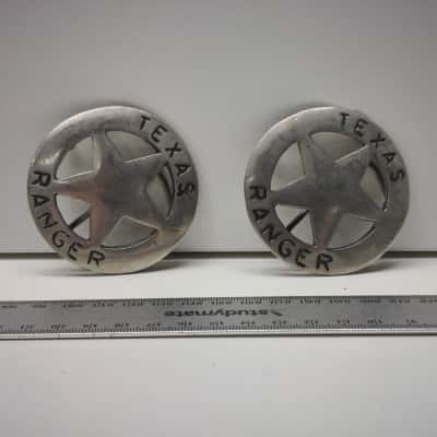 Pair Vintage Solid Brass Texas Ranger Star Belt Buckles Silver Tone