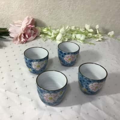 Set of 4 Blue Floral Pattern Japanese Porcelain Tea Cups