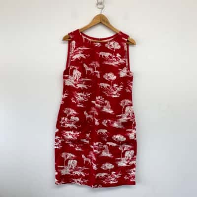 Hello Chook Red Pattern Linen Sleeveless Midi Dress  Size 12 