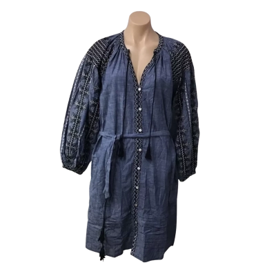 Valiante Womens Size 2 Blue with Black & White Embroidered Long Sleeve Midi Dress (new)