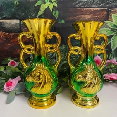 Vintage Japanese ceramic Lusterware horse vases Set of 2
