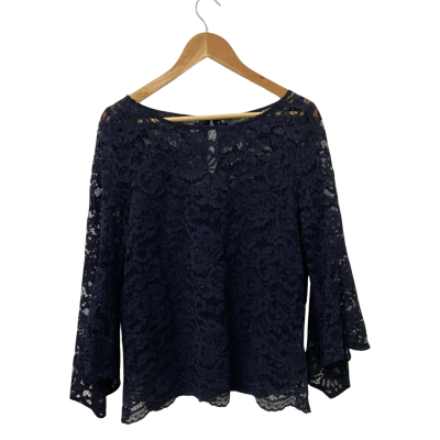 Jacqui-E Womens  Size M Long Sleeve Lace Top Navy Blue 