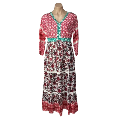 Lula Life Womens Size S White / Red / Green / Coral / Brown Pattern Long Sleeve Maxi Dress
