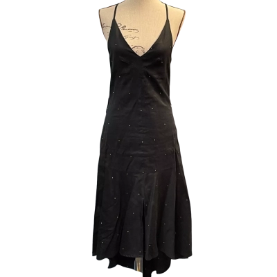 C&M Camilla and Marc Womens Size 8 Midi/Shoestring Strap Dress Black/Polka Dot/White