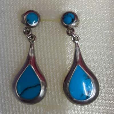  Women's 925 Silver Turquoise Inlay Teardrop Dangle Earrings 