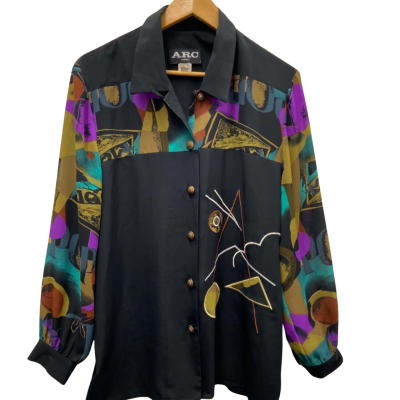  Womens  Size 12 VINTAGE Button Up / Long Sleeve Top Black  / Multicoloured 