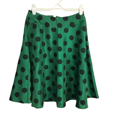  Handmade Womens  Size 12 Midi Flared Green Skirt with Black Polka Dots