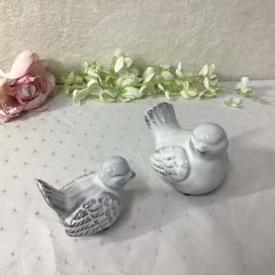 Pair of White Ceramic Bird Ornaments