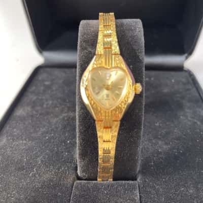 Bright Gold Toned Heart Shaped Wristwatch with Diamonte. Working 