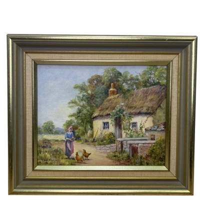 Small Original Oil Painting Lady with Hens Signed Ivy Shepherd