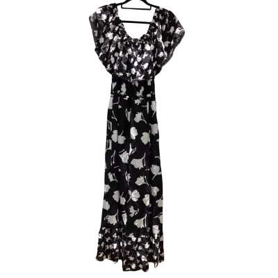  Womens Maxi Dress Size 12 Black  / White Tiered Floral NWOT