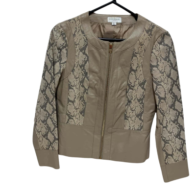 Queenspark Womens  Size 8 Leather Bomber Jacket Animal print / Beige / Grey 