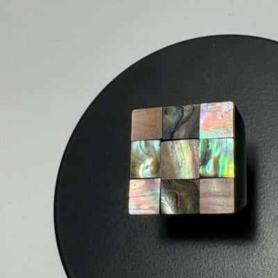  Gorgeous Chunky Statement Ring featuring an inlaid checkerboard pattern of iridescent mother-of-pearl and abalone shell squares