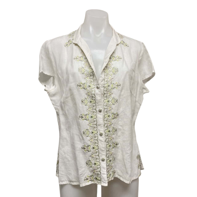 Colorado Womens  Size L Button Up Top Green / Pattern / White 100% Linen 