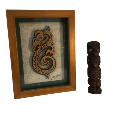Te Manaia Framed and Wooden Figure Approx 4 x 16cm