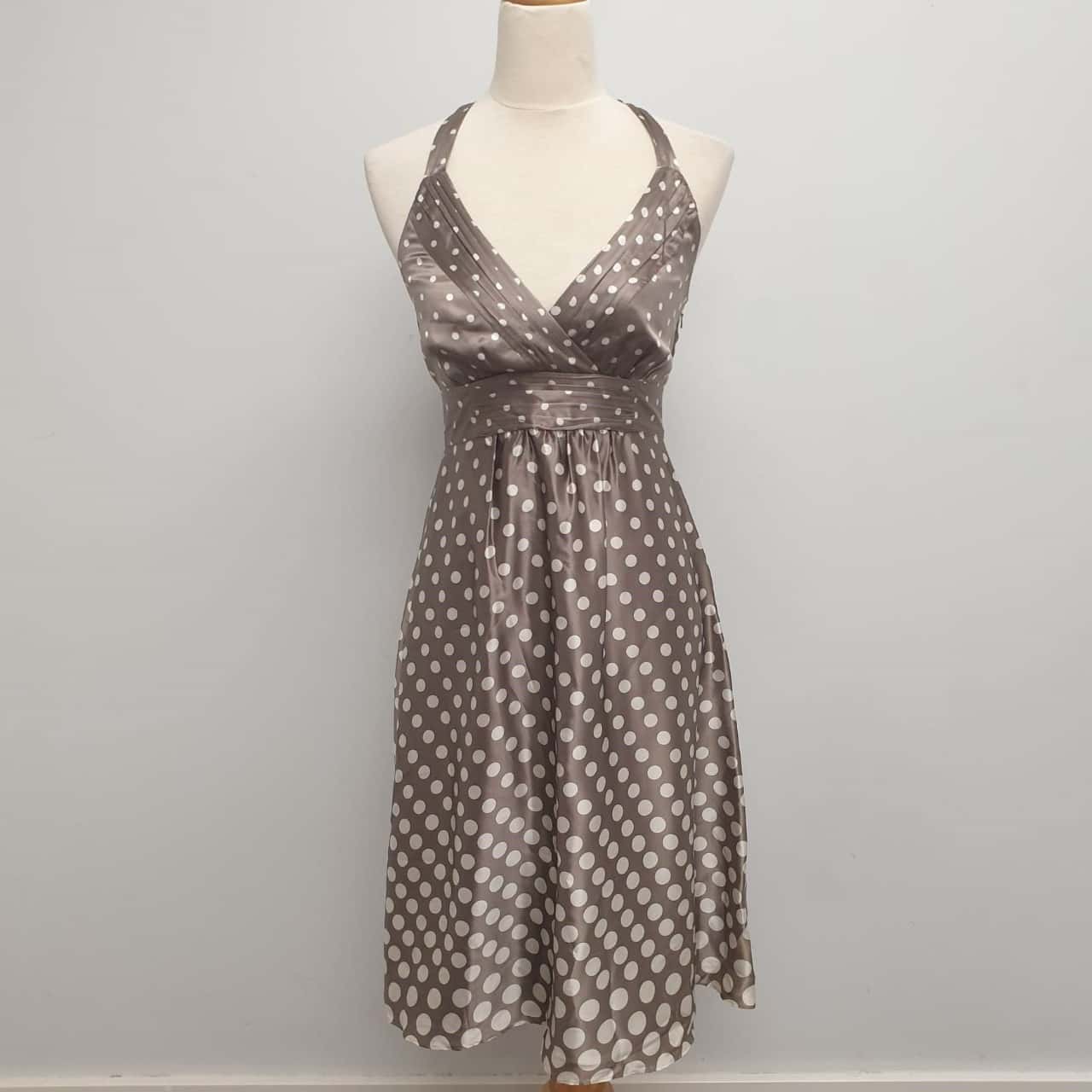 Monsoon UK Stunning 100% Silk Fawn/ Beige & Polka Dot /Halter Neck/ A Line  / Fit & Flare Mini Dress Size 8-10 - Brand New With Tags - RRP $189.00 (s)  | Salvos Stores