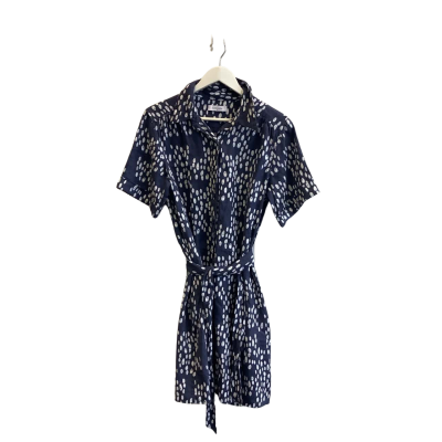Alessandra Womens Size M Short Sleeve Midi Linen Dress Blue Pattern White Pattern